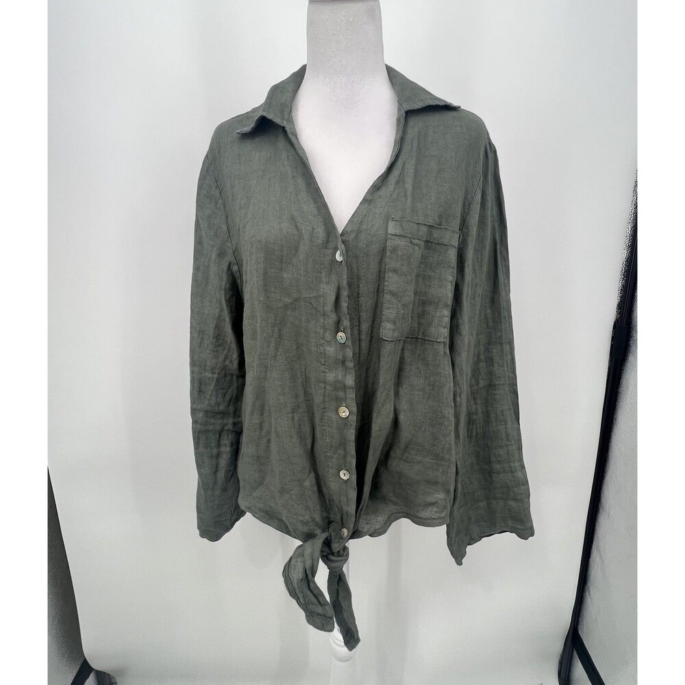 Tina Stephens Alejandra Tie Front Linen Top Button Up One Size Green Coastal